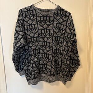 Vintage Grandpa Cottage Sweater Grey Black Pattern  Size M Made in Korea 90s